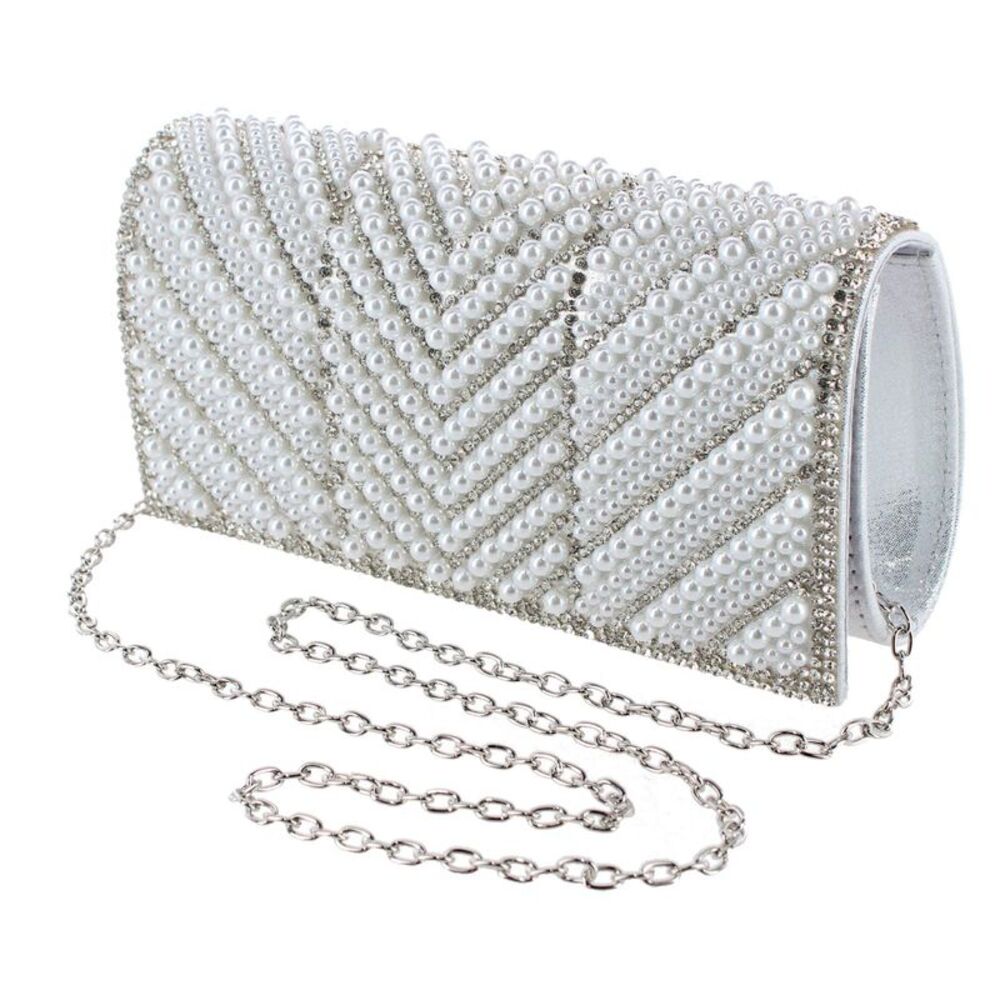 CTM Women's Synthetic Rhinestone and Pearl Evening Clutch Handbag